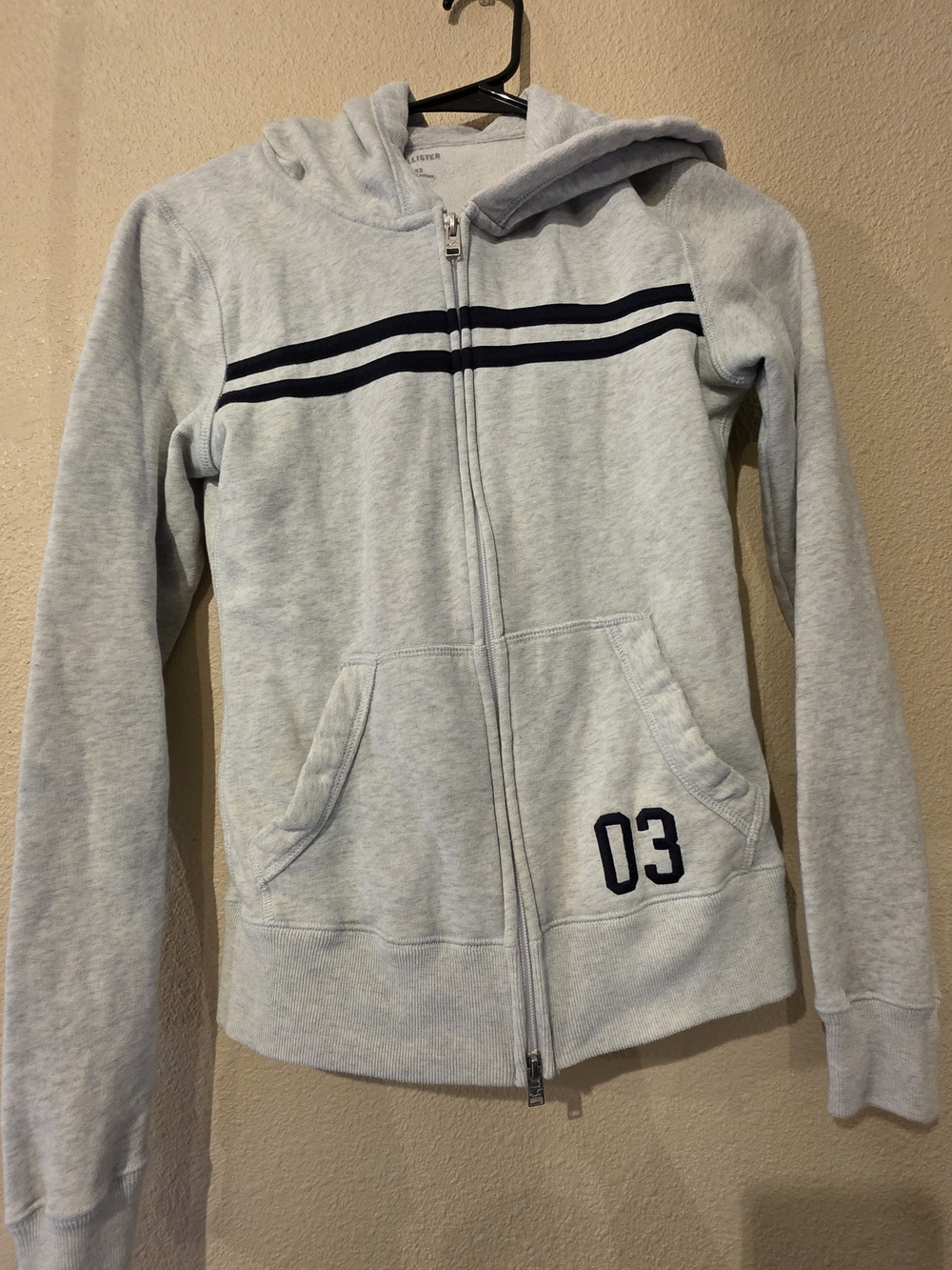 Hollister Light Gray Zip Hoodie with Navy Stripes